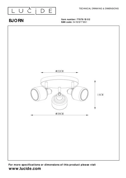 Lucide BJORN - Spot plafond - Ø 38 cm - 3xE14 - Or Mat / Laiton - technique